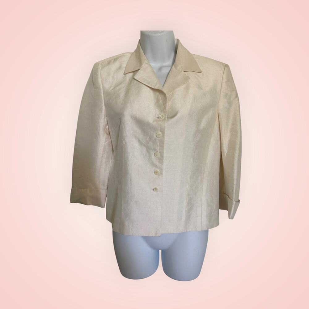 Kate Hill 100% Silk Ivory Champagne Shimmer Blazer Jacket 4 Petite